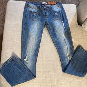Trendy Blue Distressed Boot Cut Jeans (size 9)